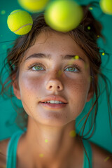 A teen girl with a dreamy expression looks up at a shower of tennis ball, loves tennis - 747229209