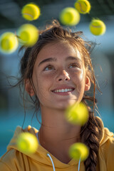 A teen girl with a dreamy expression looks up at a shower of tennis ball, loves tennis - 747229221