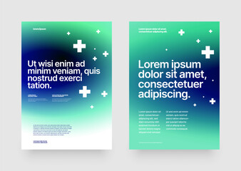 A modern medical cover design in electric blue and green with message, suitable for health care program advertising. Abstract fluid gradient with graphics and multimedia elements.