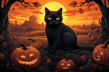 a black cat sitting on a log with pumpkins and a sunset - Powered by Adobe