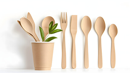 Eco-friendly disposable tableware on white background. wooden forks and spoons in paper cup.  - obrazy, fototapety, plakaty