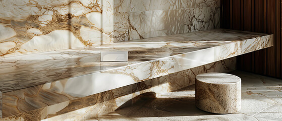 Luxurious bathroom showcasing a polished marble sink counter and matching wall with woody accents