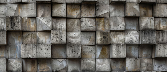An architectural photo of a worn, geometric pattern of concrete blocks, reflecting themes of decay and urbanization