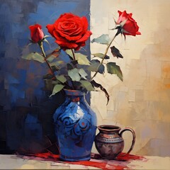 Crimson Blossoms and Azure Elegance: A Captivating Composition of Red Roses and a Blue Pot