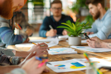 A group of marketing professionals strategizing a campaign in the meeting room together