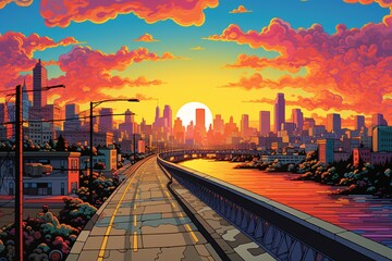 a road with a bridge over a river and a city with a sunset