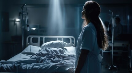 Young Female Nurse Working a Night Shift in a Hospital Ward - obrazy, fototapety, plakaty
