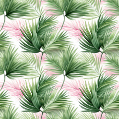 A seamless pattern of watercolor palm fronds in varying shades of refreshing greens.