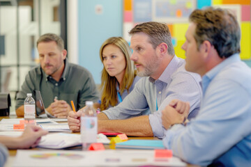 A group of marketing professionals strategizing a campaign in the meeting room together
