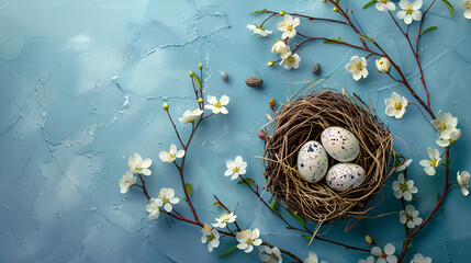 EasterGreeting card with Easter eggs in a nest on a blue background	