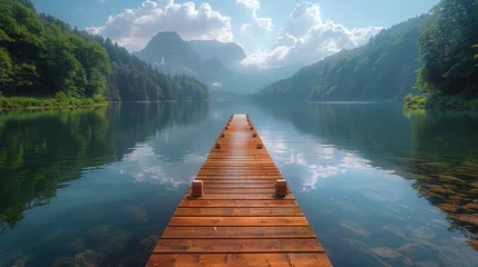 Plexiglas foto achterwand Long Wooden Dock on Lake © hakule