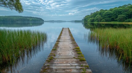 Long Wooden Dock in Middle of Lake