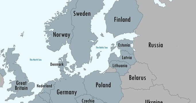 NATO and Russia on Europe map. Animated illustration.