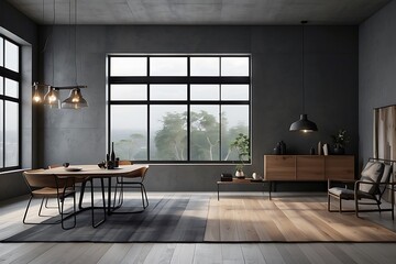 nterior of modern living room with gray walls, concrete floor, comfortable gray sofa 