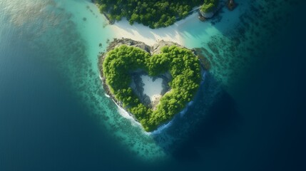 A mesmerizing aerial perspective materializes, showcasing the enchanting beauty of a tropical heart-shaped island. 