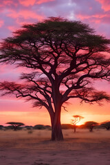 Fototapeta na wymiar Transcendent Beauty of a Lone Acacia Tree Under the Enchanting Dusk Sky