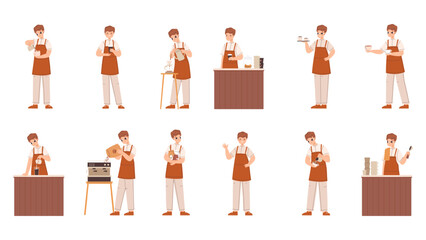 Cartoon barista working. Young male character doing coffee, pours grains into coffee maker. Flat barmen, cafe worker in different poses snugly vector person