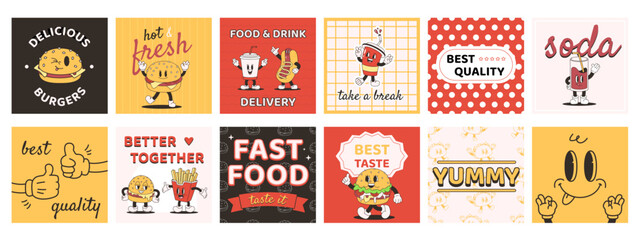 Fast food retro posters. Cute drinks characters, funny groovy burger, hot dog and potato fries. Cafe or restaurant delivery, snugly vector cards design