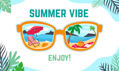 Sunglasses creative poster. Summer vibe, exotic island vacations. Beach holidays, abstract tourism concept. Travel neoteric vector background