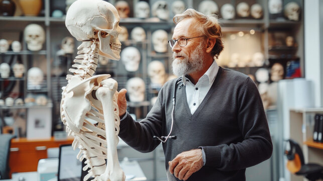 Medical technology: prosthetic technician holding a prosthetic part and checking the quality of the prosthetic leg and making adjustments while working in a modern laboratory