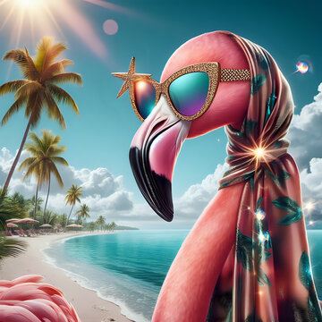 Fashion flamingos in luxury accessories. Creative collage for tourists and leisure generative ai