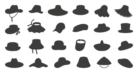 Hats silhouettes. Male, female and unisex hat. Seasonal head accessories, for travel, agriculture farm work and rest, neoteric vector icons