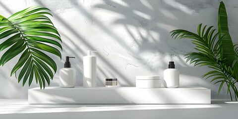 'Beauty Product Display on a Stylish White Podium with Tropical-Inspired Decor'. Concept Beauty Products, Stylish Podium, Tropical Decor, Display Design, Product Photography