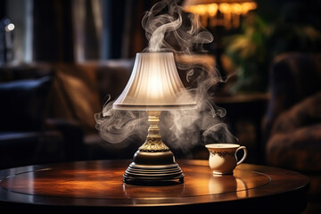 Vintage lamp with a lampshade and a cup on a table in clouds of steam. Generated by artificial intelligence - Powered by Adobe