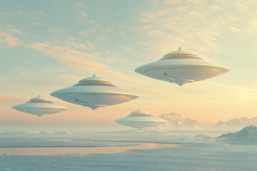 Group of Flying Saucers in the Sky