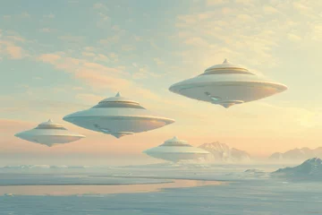 Crédence de cuisine en verre imprimé UFO Group of Flying Saucers in the Sky