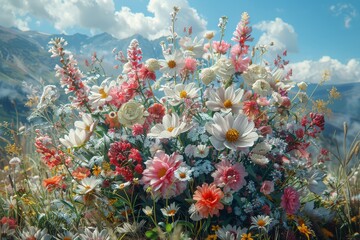 Flowers in a Field With Mountains