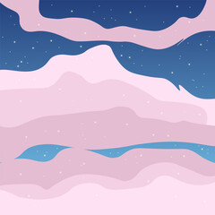 Abstract Fantasy Cute Kawaii Landscape Pink Light Clouds Stars  Blue Night Sky Vector Design