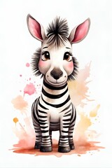 Fototapeta na wymiar This playful image features an endearing zebra character with exaggerated features against a watercolor background with colorful speckles