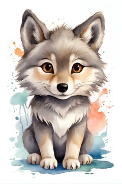 Cute and fluffy fox cub sitting, portrayed in soft watercolors with intricate fur detailing and expressive eyes