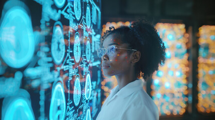 African American female doctor or student looking at futuristic medical charts with augmented reality VR glasses at a high tech hospital