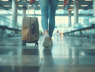 Legs of woman with luggage walking at airport