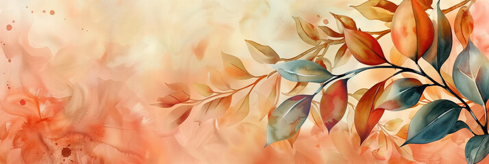 Stunning Watercolor Background Adorned with Delicate Pastel Leaves, Evoking Serenity and Natural Elegance - Perfect for Artistic Designs and Botanical Inspirations