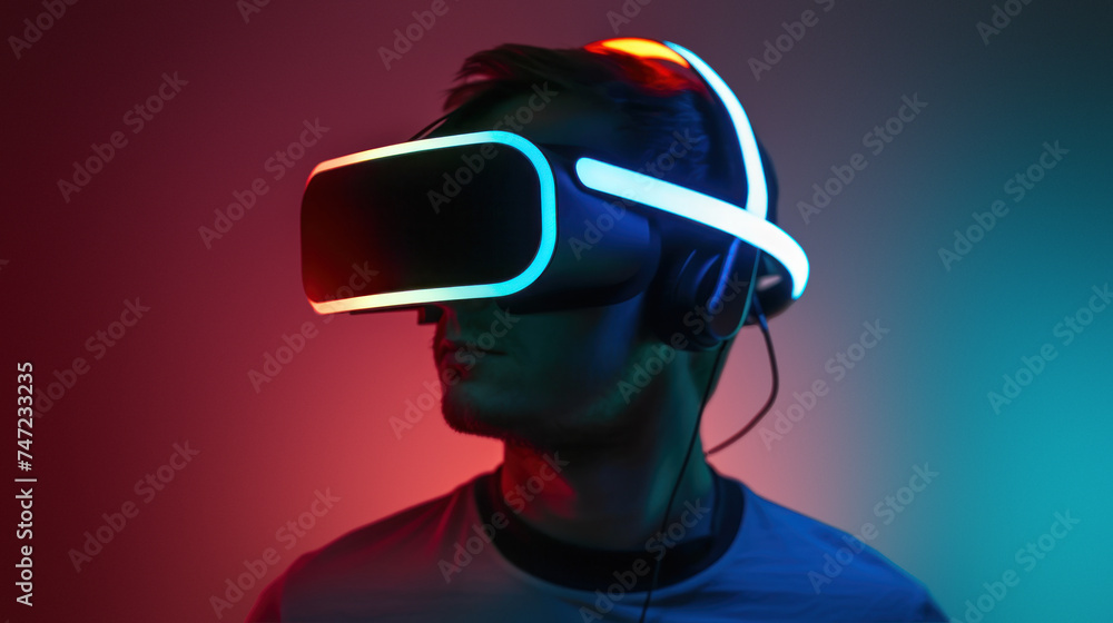 Poster tech-savvy man engaged in virtual reality experience with colorful backlighting despite face obscure
