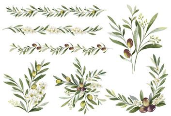 Watercolor set of bouquets and borders of olive branches. Design for invitations, cards, stickers, albums, fabric, home decoration.  Holiday decor.  Hand drawn illustration.