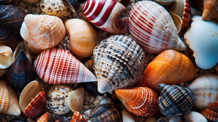 Colorful seashell collection with nautical textures. Diverse seashells, highlighting unique patterns and vibrant colors. The composition reflects the vast variety of oceanic life.