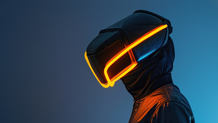 Striking side profile of a person wearing a bright neon helmet and collar, with an air of enigma