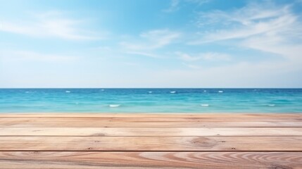 Fototapeta na wymiar Wood table top on blur beach background