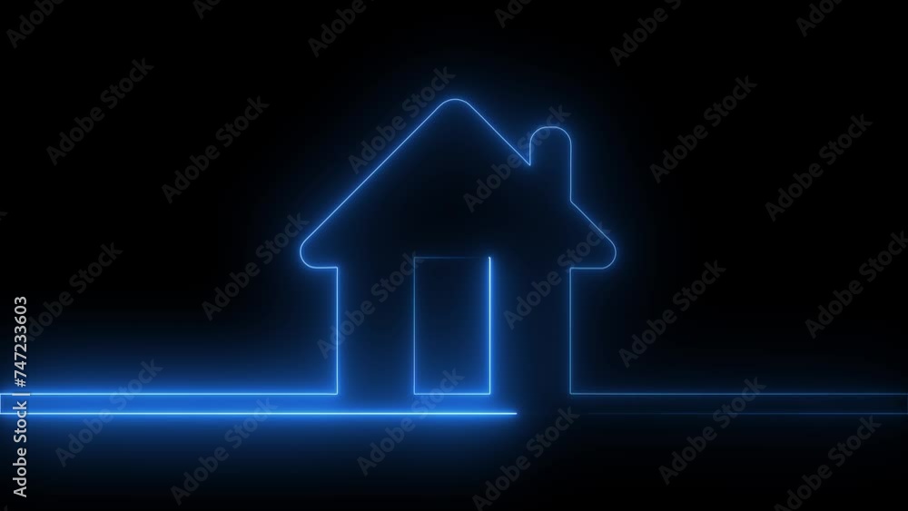 Poster glowing neon line map pointer with house icon isolated on black background. home location marker sym