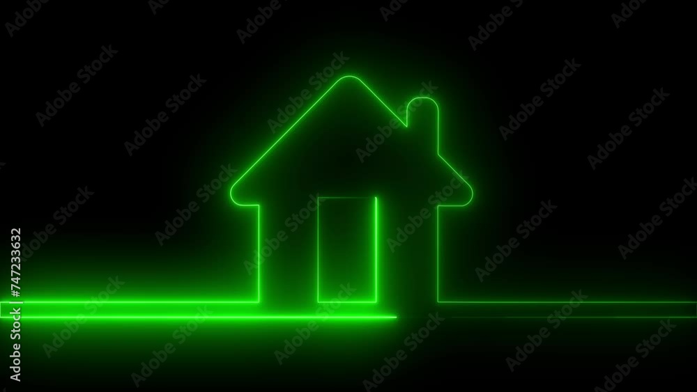 Poster glowing neon line map pointer with house icon isolated on black background. home location marker sym