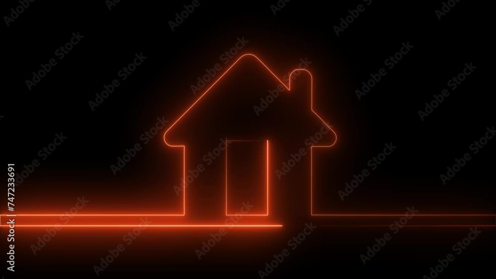 Poster glowing neon line map pointer with house icon isolated on black background. home location marker sym
