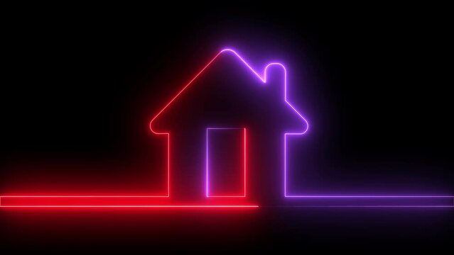 Glowing neon line Map pointer with house icon isolated on black background. Home location marker symbol.