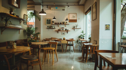 Fototapeta na wymiar A cozy cafe with a minimalist layout showcasing simple furniture and a neutral color palette.
