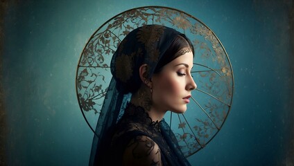 A mysterious woman adorned in traditional Asian attire stands before an ornate circular backdrop with intricate details