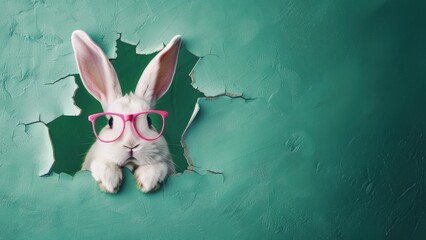 Fluffy white rabbit emerging from green surface, looking cool in pink spectacles