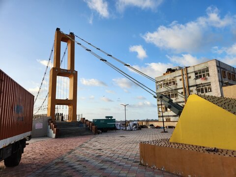 Dwarka, Gujarat India - Feb 21 2024: Sudama Setu Bridge over Gomati river ghat near Dwarkadhish temple which is one of chardhams dedicated to lord Krishna.